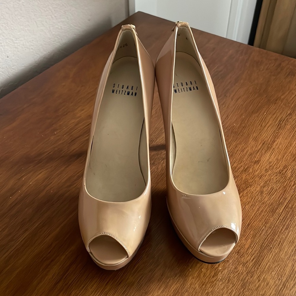 Stuart Weitzman Patent Leather Peep Toe Heels, Size 6